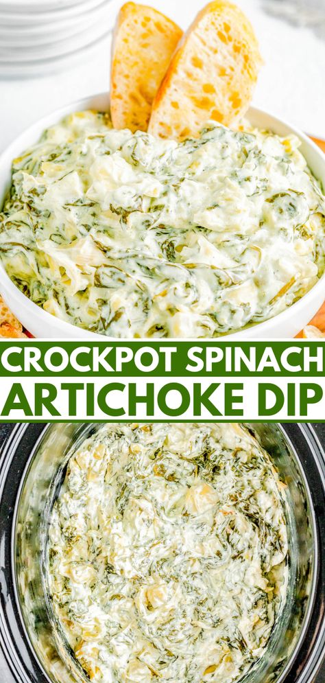 Crockpot Spinach Artichoke Dip — 🧀🎉🌿 Creamy, cheesy, and best of all SO EASY! Add the spinach, artichokes, mozzarella, and Parmesan to your slow cooker and let it do all the work! All you have to do is stir, serve, and watch everyone devour the dip! It's better than any restaurant version and perfect for game days, holiday entertaining, Christmas and New Year's parties, Super Bowl, or anytime you need the BEST spinach and artichoke dip! Easy Crockpot Spinach Artichoke Dip, Crockpot Spinach Artichoke Dip, Easy Spinach Artichoke Dip, Cheesy Dip Recipes, Slow Cooker Spinach Artichoke Dip, Crockpot Spinach, Spinach Artichoke Dip Easy, Best Spinach Artichoke Dip, Spinach Artichoke Dip Recipe