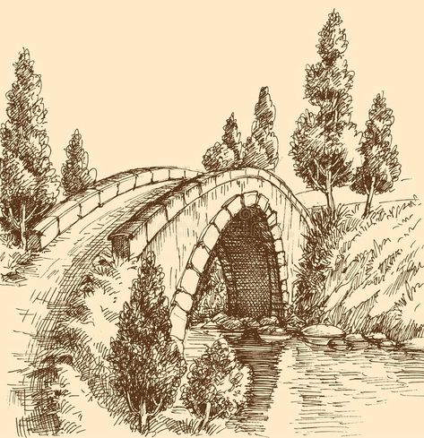 Bridge graphic landscape vector illustration Bridge Over River, Easy Pencil Drawings, Bridge Drawing, Landscape Pencil Drawings, Molduras Vintage, Nature Art Drawings, Pen Art Drawings, Landscape Sketch, Architecture Drawing Art