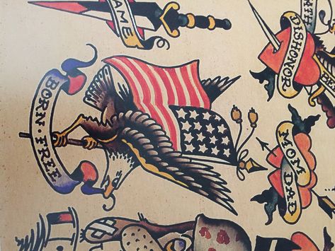 American Theme Tattoo, American Flag Traditional Tattoos, Usmc American Traditional Tattoo, Patriotic Flash Tattoo, American Traditional Military Tattoo, Sailor Jerry Tattoo Flash, Sailor Jerry Tattoos, Flag Tattoo, Sailor Jerry