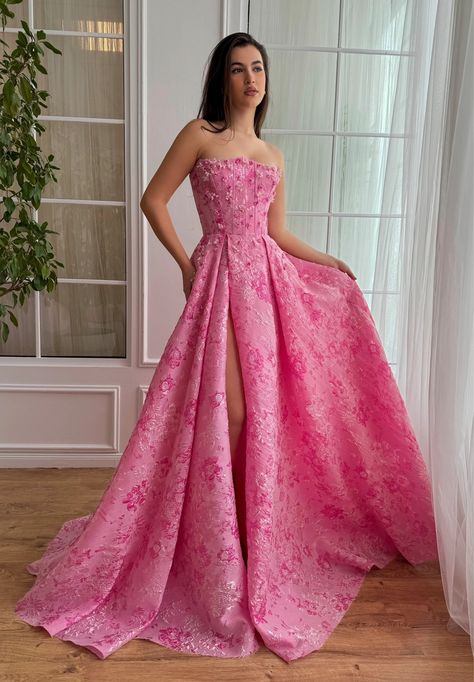 Bonbon Rose Gown | Teuta Matoshi Ballgown Prom Dress Trendy, Modern Bridgerton Dress, Pink Gala Dress, Pink Brocade Dress, Pink Wedding Guest Dress, Matoshi Dress, Modern Prom Dresses, Brocade Gown, Teuta Matoshi