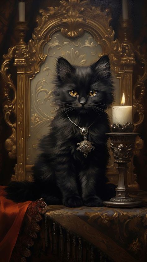 Dark Vintage Painting, Candle Wallpaper, Prayer Wallpaper, Goth Barbie, Black Cat Artwork, Gothic Cat, Black Cat Aesthetic, Wizard Cat, Cat Candle