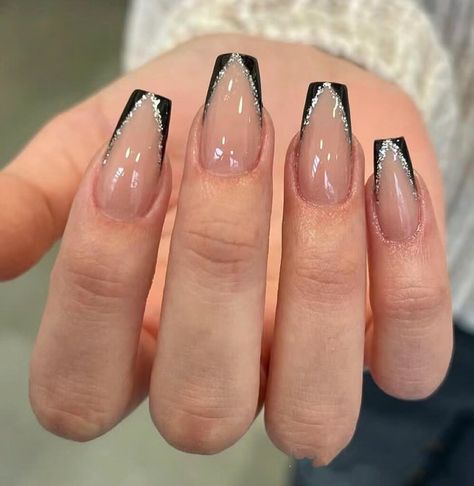 Black French Manicure, Hoco Nails, Silver Nail Designs, Black Nails With Glitter, Glitter French Tips, Black Coffin Nails, Luxury Press On Nails, Small Nail, Formal Nails