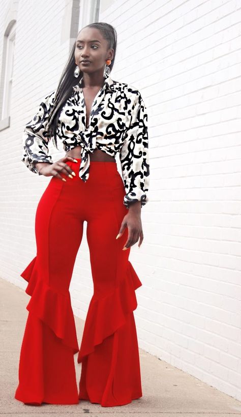 Print Blouse from @nicolekaine- Code PINTEREST20  Bell Bottom Pants, wide leg pants, red pants, red wide leg pants Pants Wide Leg Outfit, Bell Bottoms Pants, 2piece Outfits, African Print Dress Designs, Classy Dress Outfits, Fashionista Clothes, Classy Casual Outfits, Latest African Fashion Dresses, Red Pants