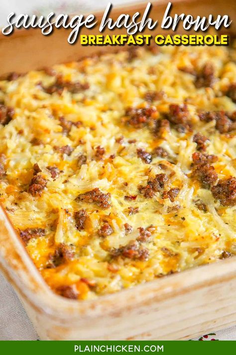 Sausage Hash Brown Breakfast Casserole - hash browns, sausage, eggs & cheese - can be made ahead of time and refrigerated or frozen until ready to bake! Great for overnight guests and Christmas morning! Essen, Bfast Casserole With Hashbrowns, Sausage Hashbrown Casserole, Sausage Hash Brown Breakfast Casserole, Breakfast Casserole With Hashbrowns, Hash Brown Breakfast Casserole, Sausage Hashbrown Breakfast Casserole, Hash Brown Breakfast, Breakfast Casserole Recipes