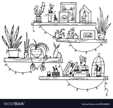 Doodle Mural Wall Drawing, Plant Room Drawing, Books Doodle Art, Book Shelves Drawing, Shelf Doodle, Window Doodle, Room Doodle, Bookshelf Drawing, Shelves With Plants