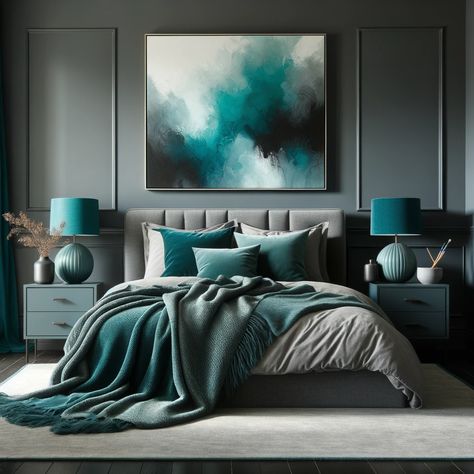 charcoal gray and teal bedroom