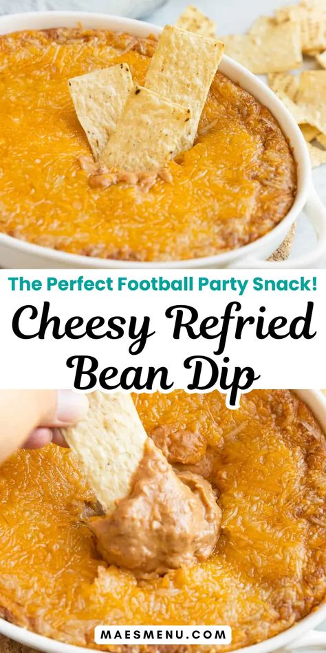 Try my irresistible Cheesy Refried Bean Dip! It’s creamy, cheesy, and tantalizingly tasty, it's the perfect snack for Superbowl parties and football gatherings. It’s easy to make with a blend of refried beans, cream cheese, and Mexican cheese, this dip is perfect for feeding a crowd. Serve hot and watch it disappear! Get the recipe here! #superbowlpartyfood Taco Bean Dip, Bean Dip Recipes Refried, Hot Bean Dip, Cream Cheese Bean Dip, Bean Cheese Dip, Easy Bean Dip, Cheese Dip Mexican, Refried Bean Dip, Dip Recipes Hot