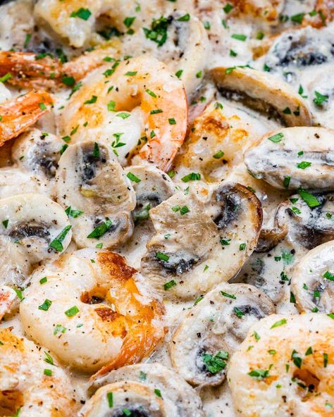 Creamy Shrimp Sauce For Steak, Shrimp Mushrooms Spinach Recipes, Shrimp Mushroom Asparagus, Shrimp Spinach And Mushroom Recipes, Creamy Shrimp And Mushroom Pasta Recipes, Mushrooms And Shrimp Recipes, Creamy Bacon Shrimp Linguine, Fish And Mushrooms, Shrimp Cream Of Mushroom Recipe