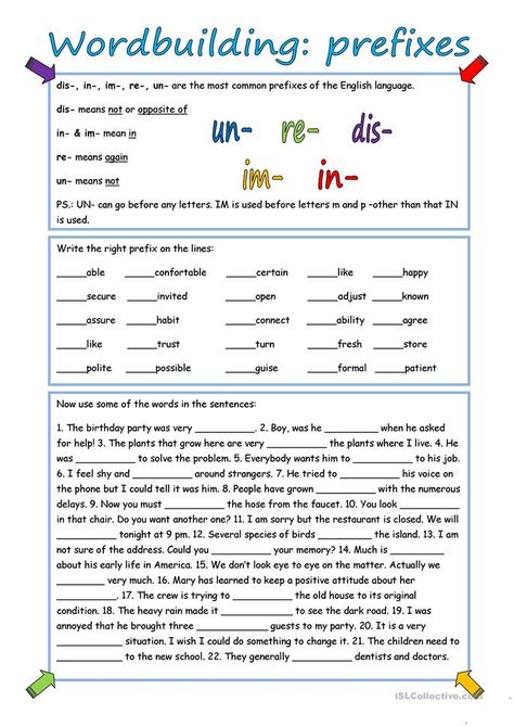 Wordbuilding: Prefixes (with key) worksheet - Free ESL printable worksheets made by teachers Prefixes Worksheet, Prefix Worksheet, Suffixes Worksheets, English Grammar Exercises, Word Formation, Grammar Exercises, Teaching English Grammar, Prefixes And Suffixes, English Grammar Worksheets