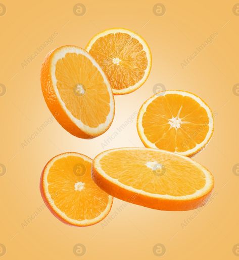 Juicy orange slices flying on pale orange background Pale Orange, Orange Slices, Orange Background, How To Attract Customers, Color