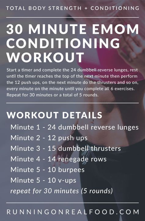 Try this Crossfit-style, 30 Minute EMOM Conditioning Workout to increase strength, improve fitness and have some fun! Workout can be scaled to suit your fitness abilities. Minimal equipment required.  via @runonrealfood Wods Crossfit, Emom Workout, Crossfit Workouts At Home, Conditioning Workouts, Hiit Training, Strength Conditioning, Crossfit Workouts, Hiit Workout, Total Body