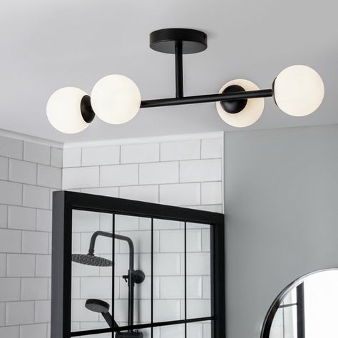 Black Lights Bedroom, Orb Lighting, Bathroom Light Fittings, Black Ceiling Lights, Brass And Glass Pendant Light, Lighting Feature, Small Toilet Room, Shower Lighting, Black Ceiling Lighting