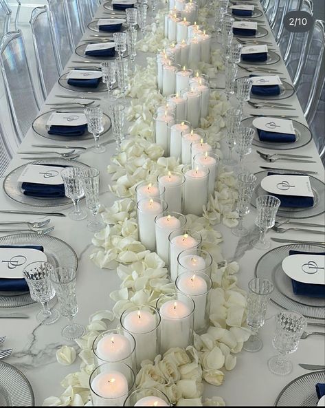 U Wedding Table, Long Table Wedding Tablescape, New Wedding Decor Ideas, Summer Wedding Elegant, Central Pieces Ideas, Sweetheart Table Wedding With Candles, Dinner Party Seating Arrangements, All White Engagement Party Decorations, Silver Wedding Accents