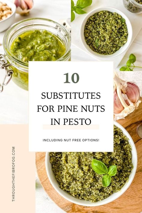 collage of pesto in bowls or jars with text ten substitutes for pine nuts in pesto including nut free options. Basil Pesto Recipe Without Pine Nuts, Pesto Recipe No Nuts, Fresh Pesto Recipe, Best Pesto Recipe, Pine Nut Pesto, Making Pesto, Nut Free Pesto, Pesto Sauce Recipe, Homemade Pesto Recipe