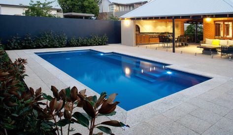 Pool Entertainment Area, Barrier Reef Pools, Pool Paving, Simple Pool, Rectangle Pool, Leisure Pools, Fiberglass Swimming Pools, Pool Landscape Design, Pool Coping