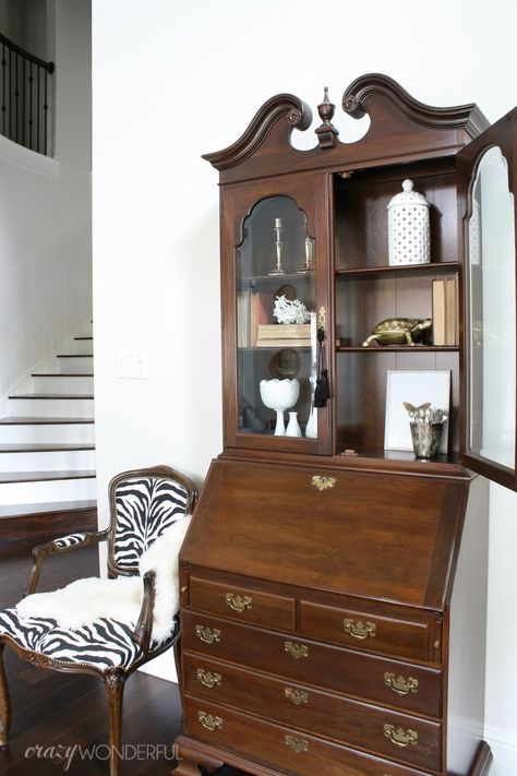 secretary shelf styling Secretary Desk With Bookcase, Desk With Bookcase, Styling A Bookcase, Zebra Chair, Vintage Secretary Desk, Antique Secretary Desks, Desk Styling, Bookcase Styling, Desk In Living Room