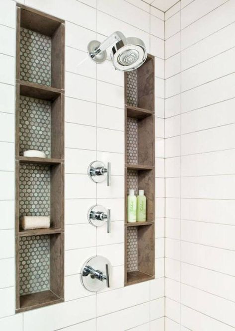 25 Best Built-in Bathroom Shelf and Storage Ideas for 2024 Shower Remodel With Shelves, Tile Shelves Bathroom, Built Shower Shelf, Walk In Shower Shelf Ideas, Shower Nook Built Ins, Bathroom In Wall Shelves, Shower Shelf Built In, Shampoo Storage Ideas, Unique Bathroom Storage Ideas