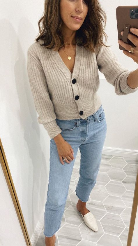 Outfit Inspirations Feminine, Nursing Capsule Wardrobe Fall, End Of Summer Early Fall Outfit, Fall Fashion Basics, Knit Work Outfit, Fall Millenial Outfits, Fall 2024 Cardigan, Fall Outfits Gen Z, Organize Closet By Outfit