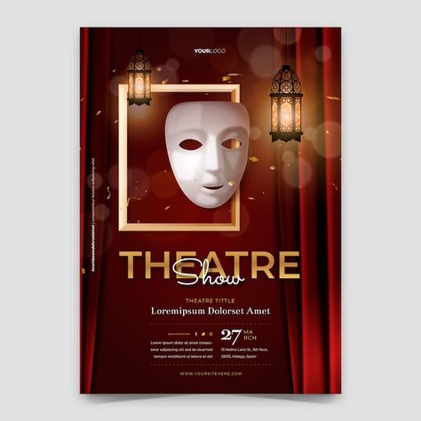 Free vector realistic theatre show poste... | Free Vector #Freepik #freevector #theatre-poster #theatre-mask #theatre #art-poster Mask Theatre, Theatre Art, Graphic Posters, Theatre Shows, Theatre Poster, Logo Psd, Technology Icon, Card Banner, Poster Invitation