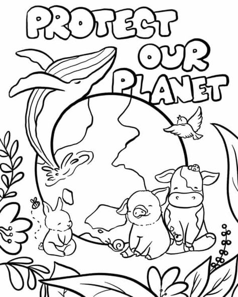 Coloring page Earth Day drawing with bubble letters that spell "Protect Our Planet" and cartoon animals surrounding Earth. Ecosystem Coloring Pages, Earth Day Sketches, Save Our Earth Drawing, Save Our Planet Drawings, Animal Protection Poster Drawing, Save Our Planet Posters, Earth Day Coloring Pages Free Printable, Save Animals Poster Drawing, Environmental Protection Drawing