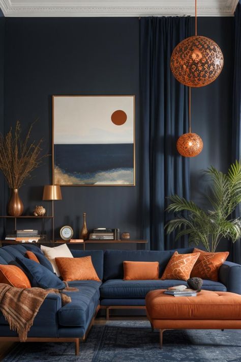 Dark Blue Orange Living Room, Blue Copper Living Room, Blue Couch Orange Pillows, Navy Blue And Orange Living Room Decorating Ideas, Blue Walls Orange Curtains, Blue Brown And White Aesthetic, Mustard Rust Blue Living Room, Copper Couch Living Room Ideas, Rust And Blue Interior