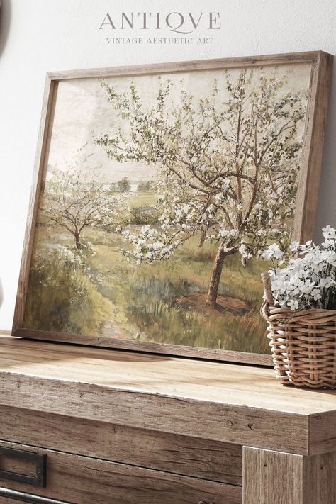 Vintage Tree Painting, Landscape Trees Painting, Bedroom Artwork Ideas Paintings, Spring Vintage Decor, Vintage Painting Ideas, Vintage Minimalist Decor, Modern Farmhouse Artwork, Boho Painting Ideas, Beautiful Orchard