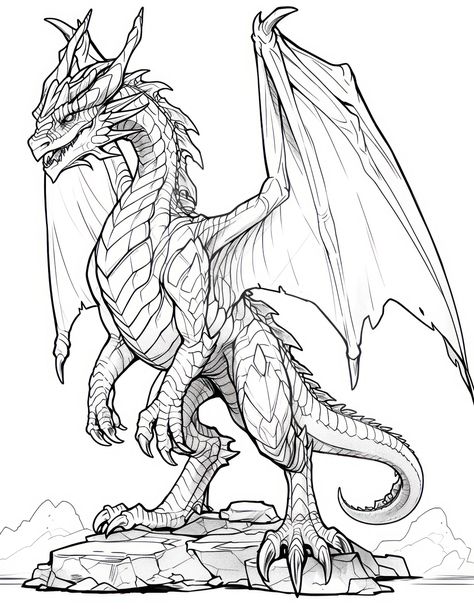 Fantasy Dragon Drawing, Dragon Mythical Creatures, Mythical Creatures Coloring Pages, Dragon Coloring Pages Free Printable, Coloring Pages Dragon, Dragon Line Art, Mechanical Dragon, Epic Dragon, Drawing Dragon