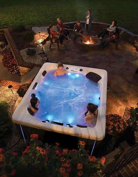 Patio With Hot Tub, Hot Tub And Fire Pit, Patio 2023, Whirlpool Deck, Themed Backyard, Cocktail Pool, Backyard Goals, Hot Tub Landscaping, Hot Tub Swim Spa