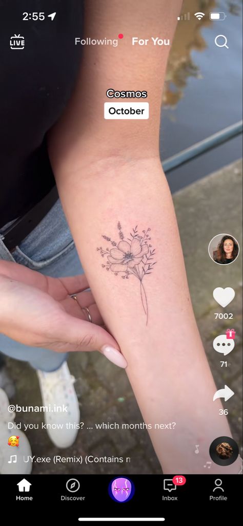 Cosmo And Rose Flower Tattoo, October Flower Tattoo Cosmos, Fineline Cosmos Flower Tattoo, Carnation And Cosmos Flower Tattoo, Cosmos Flower Tattoo October, October Birth Flower Tattoo Cosmos, Cosmo Flower Tattoo October, Cosmos Flowers Tattoo, Marigold And Cosmos Flower Tattoo