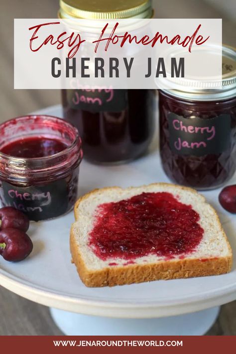 Make this easy homemade cherry jam recipe! Use fresh cherries, a little pectin, and some sugar for the most fantastic jam you will taste this season! With cherries being plentiful right now, this is a great way to use these stone fruits. How To Make Cherry Jam, Cherry Jam Recipe Easy, Homemade Cherry Jam, Cherry Jam Recipe, Sweet Munchies, Fresh Cherry Recipes, Cherry Jelly, Cherry Jam Recipes, Japanese Bread