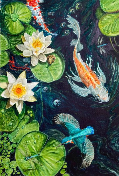 Koi Pond Art, Lily Pad Drawing, Painting Ideas 2023, Exotic Paintings, Koi Fish Art, Beautiful Acrylic Painting, Koi Fish Painting, Easy Acrylic Painting Ideas, Koi Painting