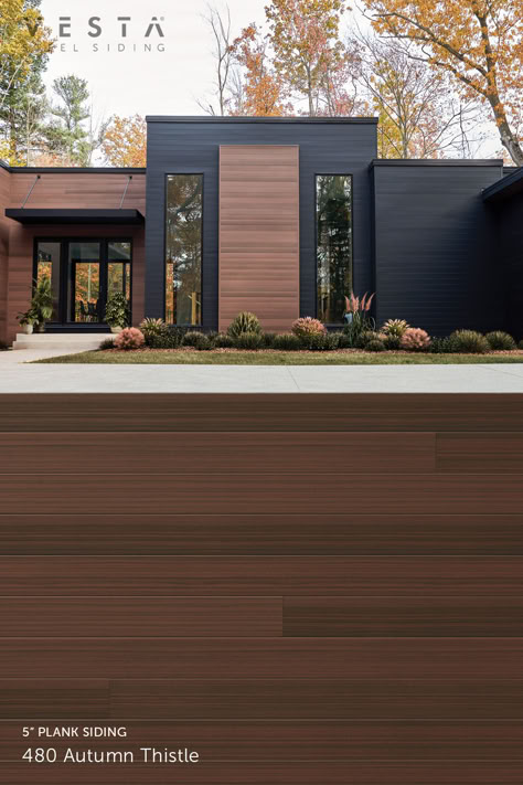 Image of Quality Edge Vesta Autumn Thistle 5" plank siding profile on a home. Light Color Siding Exterior, Modern Exterior Siding Ideas, Modern Siding Ideas Exterior, Black And Wood House Exterior, Pergola Details, House Siding Ideas Exterior, Siding Ideas Exterior, Modern House Siding, Modern Exterior House Colors