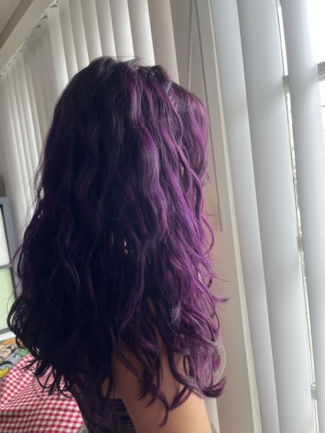 Purple On Brunette Hair, Plum Purple Curly Hair, Hair Dye Ideas For Wavy Hair, Shoulder Length Colored Hair, Purple Dye On Brown Hair, Purple Hair On Brown Hair, Bluish Purple Hair, Dark Purple Hair Aesthetic, Grunge Purple Hair