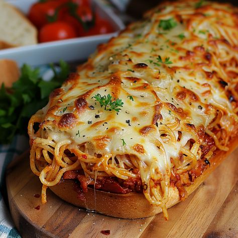 Spaghetti Stuffed Garlic Bread Spaghetti Loaf, Recipes With Italian Bread Loaf, Dinner Ideas With Garlic Bread, Garlic Bread Chicken, Things To Make With Italian Bread, Spaghetti French Bread, Stuffed Loaf Bread Recipes, Spaghetti Garlic Bread, Recipes With Italian Bread