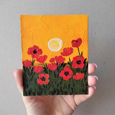 Field of poppies small painting. 100% handpainted by the artist.The painting will be carefully packed and shipped in a beautiful package. I will do my best to ensure that the painting arrives in perfect condition.Composition: acrylic, cardboard panel for painting Size: 4.7 x 4 inches (12 x 10 centimeters).Handpainted with professional acrylic paints for painting.CarePaintings cannot be washed with water or other cleaning agents and chemicals. Do not use a vacuum cleaner or other vacuum cleaner.U Acrylic Painting Professional, Cute Gift Paintings, Square Simple Painting, Flower Small Painting, Abstract Painting Small Canvas, Mini Simple Painting, Mini Square Paintings, Paintings On Cardboard, Mini Painted Canvas