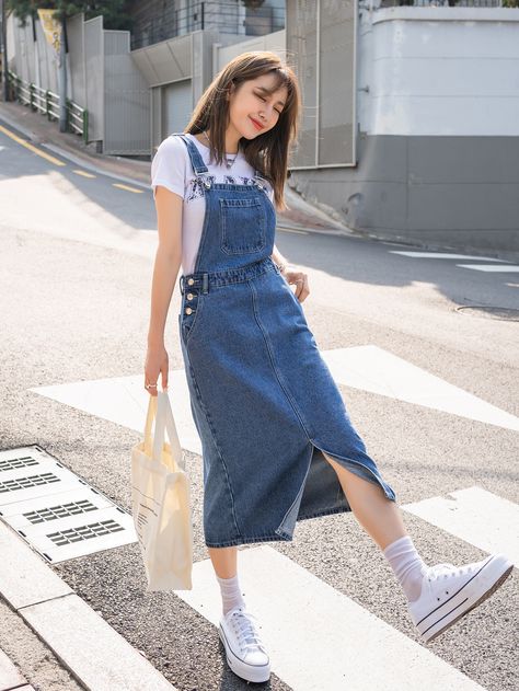 Medium Wash Preppy  Sleeveless Denim Plain Pinafore Embellished Non-Stretch  Women Denim Modest Clothing, Dungaree Dress, Womens Denim Dress, Modest Fits, Cute Dress Outfits, Preppy Dresses, Casual Day Outfits, Style Preppy, Easy Trendy Outfits