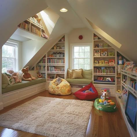 Converted Attic Playroom, Attic Room Playroom, Attic Family Room Ideas, Boys Attic Bedroom Ideas, Kids Attic Room, Attic Playroom Ideas Sloped Ceiling, Attic Library Ideas, Kids Attic Playroom, Kids Attic Bedroom