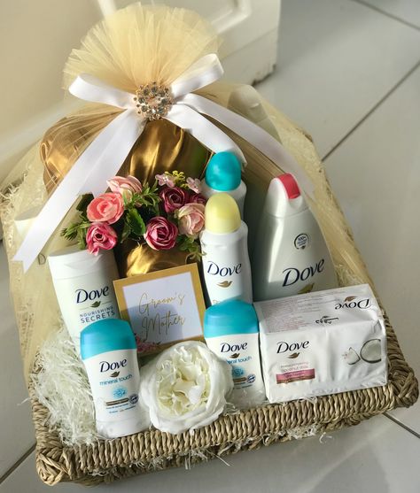 Dove body wash, bar soap, deodorant, lotion and cloth wrapped in white and gold theme Gift Basket For Her, Dove Body Wash, Gold Theme, Happy Birthday Gifts, Shop Ideas, Gift Basket, Bar Soap, Body Wash, Gift Baskets