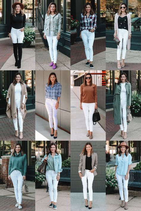 White Jean Outfits Winter, White Jeans Women Outfit, White Jeans In The Fall How To Wear, White Jeans Pants Outfit, White Pants In Fall Outfit, Wearing White Jeans In The Fall, White Jeans For Fall Outfits, White Pants For Fall, White Pants Outfit Autumn