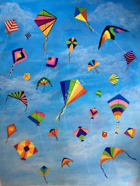 Kite Flying Painting, Kites Painting, Kite Painting, Kite Drawing, Kite Art, Kites Flying, Flying Kite, Flying Kites, Cat Art Painting