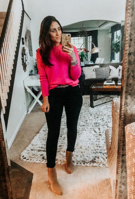 4 Ways // How to Style a Hot Pink Sweater - This is our Bliss Fall Pink Sweater Outfit, Pink Sweater Black Jeans, Pink Sweater White Jeans Outfit, Fushia Sweater Outfits, Fuschia Fall Outfit, Raspberry Sweater Outfits, Hot Pink Pullover Outfit, Fuscia Sweater Outfit, Hot Pink Cardigan Outfit Winter