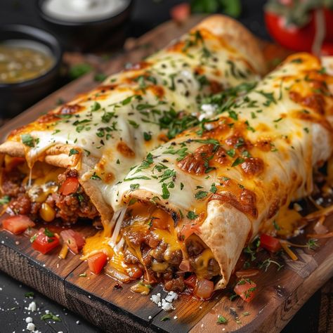 Beef and Cheese Chimichangas 🌯🥩 📋 Ingredients: 200 g grated cheese (cheddar, mozzarella, or other) 500 g ground beef 1 onion, chopped 2 cloves of garlic, minced 1 red pepper, diced 1 teaspoon of ground cumin 1 teaspoon of paprika Salt and pepper, to taste 6 wheat tortillas Vegetable oil (for frying) Toppings of your choice: guacamole, salsa, sour cream, fresh cilantro, etc. 🥣 Instructions: In a pan, brown the onion and garlic in a little oil until translucent. Add the ground beef and cook unt... Beef Tortilla, Wheat Tortillas, Guacamole Salsa, Cheese Cheddar, Cream Fresh, Healthy Food Dishes, Yummy Comfort Food, Grated Cheese, Fresh Cilantro