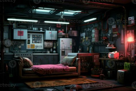 Cyberpunk Apartment Interior Design, Cyberpunk Warehouse, Cyberpunk Room Interiors, Mood Idea, Cyberpunk House, Cyberpunk Apartment, Cyberpunk Room, Room Background, Arte Cyberpunk