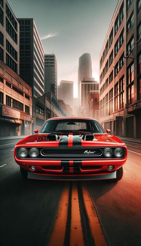 A red Mopar muscle car with black racing stripes parked on a city street, reflecting the early morning light. High-rise buildings loom in the soft-focus background, adding to the urban charm of this iPhone wallpaper. The car's polished chrome and iconic design capture the essence of Mopar power. Cool Car Backgrounds, Car Iphone Wallpaper, Mopar Muscle Cars, Automotive Artwork, Cool Car Pictures, Mopar Muscle, Super Luxury Cars, Minimal Web Design, Iphone Wallpaper Vintage