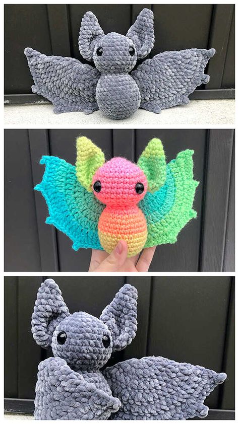 Bat Plushie Crochet Pattern Free, Bully Yarn Crochet Patterns, Big Yarn Crochet Patterns, Free Amigurumi Plush Pattern, Cute Crochet Halloween Ideas, Crochet Bat Lovey Free Pattern, Crochet Stuffie Patterns, Stuffie Crochet Pattern, Crochet Bat Amigurumi Free Pattern