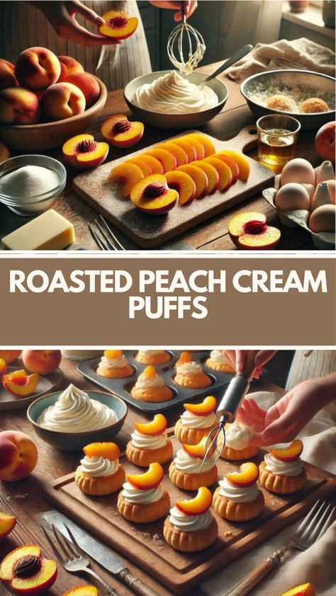 Roasted Peach Cream Puffs Recipe is made of light pastry puffs filled with a creamy peach filling and topped with roasted peaches serve 6-8 cream puffs it takes about 1 hour to prepare and bake, resulting in an elegant dessert perfect for any occasion. Peach Pastry Cream, Cream Puff Recipe, Puff Recipe, Pastry Cream, Elegant Desserts, Fruity Desserts, Peaches Cream, Cream Puffs, Heavy Cream