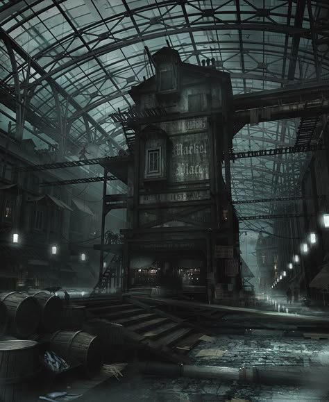 Thief - Covered Market, Mathieu Latour-Duhaime on ArtStation at https://www.artstation.com/artwork/nVz9 Steampunk Warehouse, Thief Artwork, Thief Concept Art, Dishonored Concept Art, Dieselpunk Aesthetic, Steampunk Concept Art, Steampunk Concept, Living Underground, Décor Steampunk