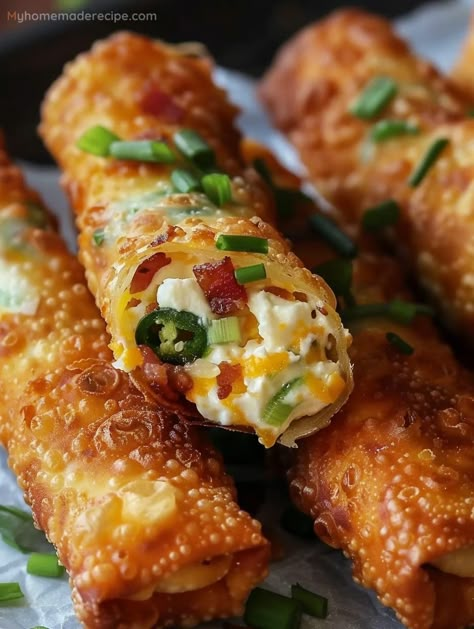 ​​﻿​Savor The Burst Of Flavors With Bacon Jalapeño Popper Eggrolls - My Home Made Recipe Spicy Jalapeño Popper Eggrolls, Meals For Party Main Dishes, Spicy Jalapeño Egg Rolls, Bacon Jalapeño Popper Eggrolls, Jalepeno Popper Eggrolls, Bacon Jalepeno Popper Egg Roll, Bacon Jalapeno Poppers Eggrolls, Bacon Jalapeño Egg Rolls, Best Bacon Recipes