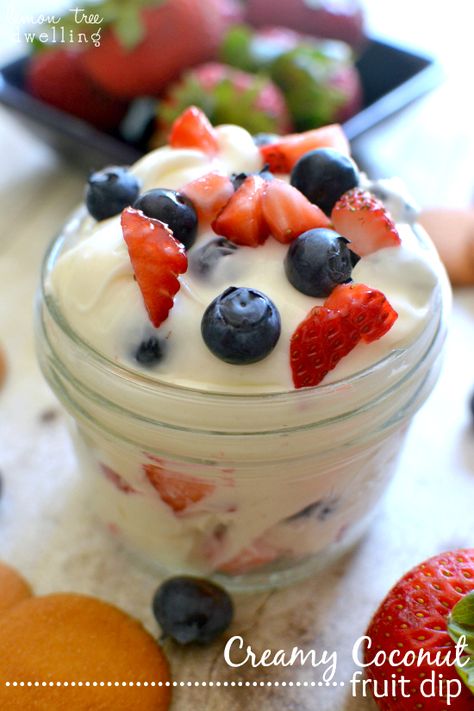 Creamy Coconut Dip Coconut Fruit Dip, Protein Parfait, Lemon Tree Dwelling, Patriotic Treats, Coconut Fruit, Cheesecake Parfaits, Patriotic Desserts, Berry Cheesecake, Sweet Dips