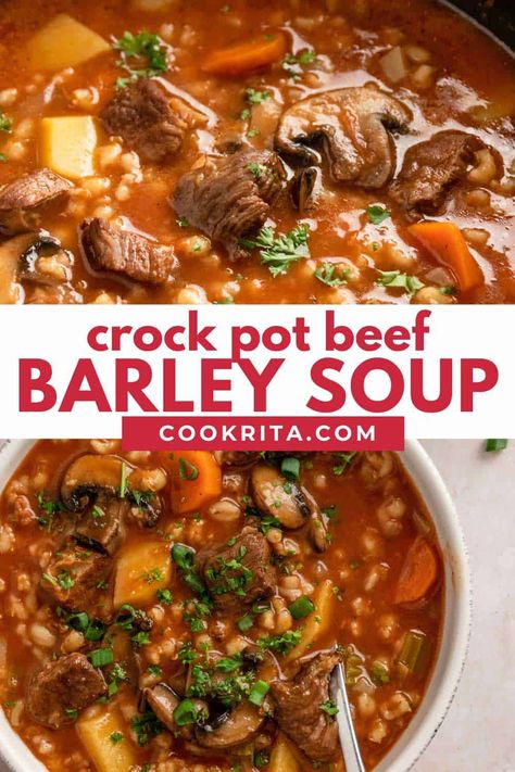 Beef And Barely Slow Cooker, Beef Barley Soup Recipes Slow Cooker, Pot Barley Soup, Hamburger Barley Soup, Crockpot Beef Barley Soup, Tender Beef Stew, Crock Pot Beef, Barley Recipe, Slow Cooker Recipes Beef